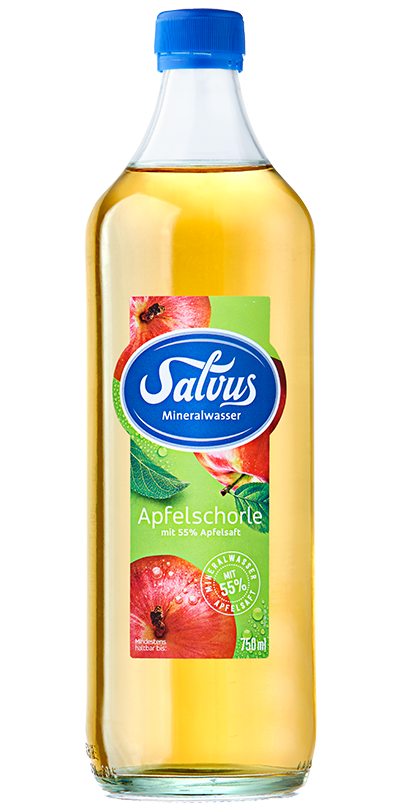 Produktabbildung Salvus Apfelschorle in der Glasflasche.