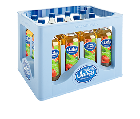 Salvus_Kiste_Apfelschorle Darstellung der Salvus Individualkiste gefüllt mit Salvus Apfelschorle in 0,75 Liter Glasflaschen.