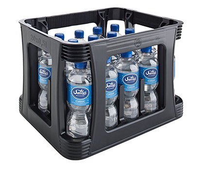 Darstellung einer Getränkekiste gefüllt mit Salvus Classic Mineralwasser in 0,5 Liter PET Flaschen.