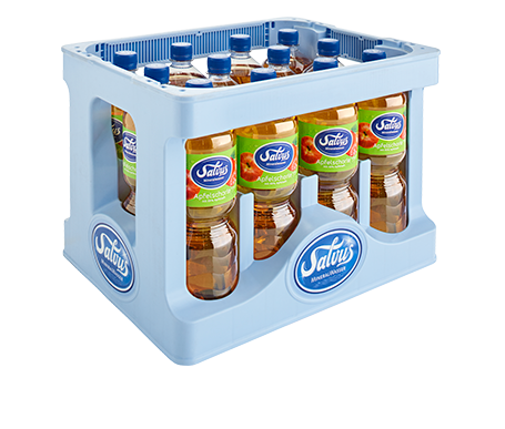kiste-salvus-apfelschorle-pet-1,0-liter Darstellung der Salvus Individualkiste gefüllt mit Salvus Apfelschorle in 1,0 Liter PET Flaschen.