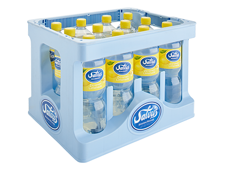 Darstellung der Salvus Individualkiste gefüllt mit Salvus Zitronen Limonade in 1,0 Liter PET Flaschen.