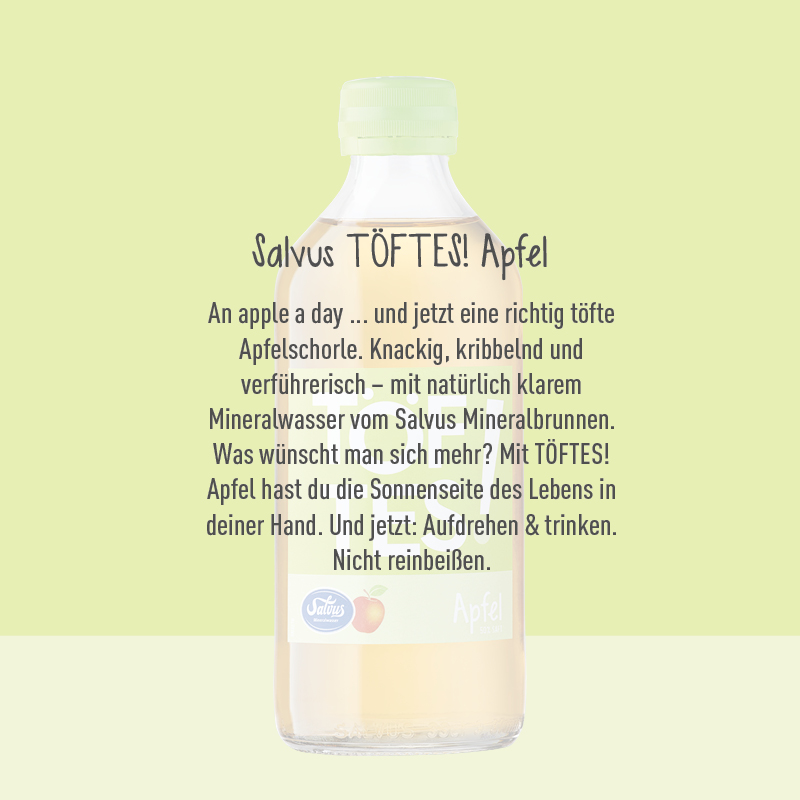 Töftes Apfelschorle ist ein kohlensäurehaltiges natürliches Erfrischungsgetränk aus der Produktreihe Töftes by Salvus. Aufpassen: Nicht wie in einen Apfel reinbeißen, sondern aufdrehen und trinken! Die kleine Glasflasche ist super für die Gastro, Gartenparties, Konferenzen und Co.