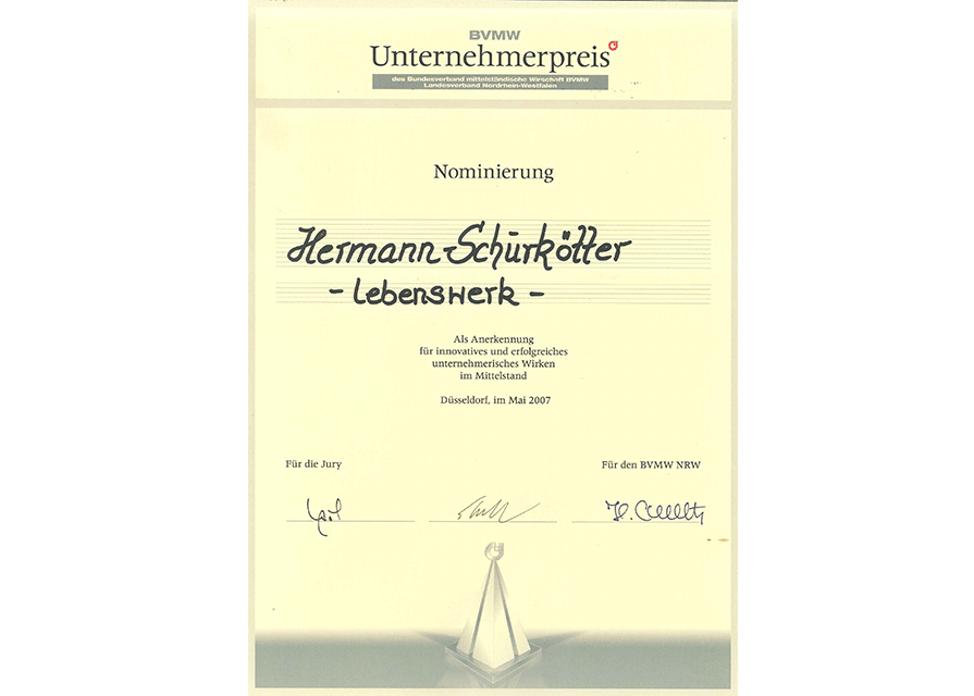 Urkunde zur Nominierung "Lebenswerk" von Hermann Schürkötter aus dem Jahr 2007.
